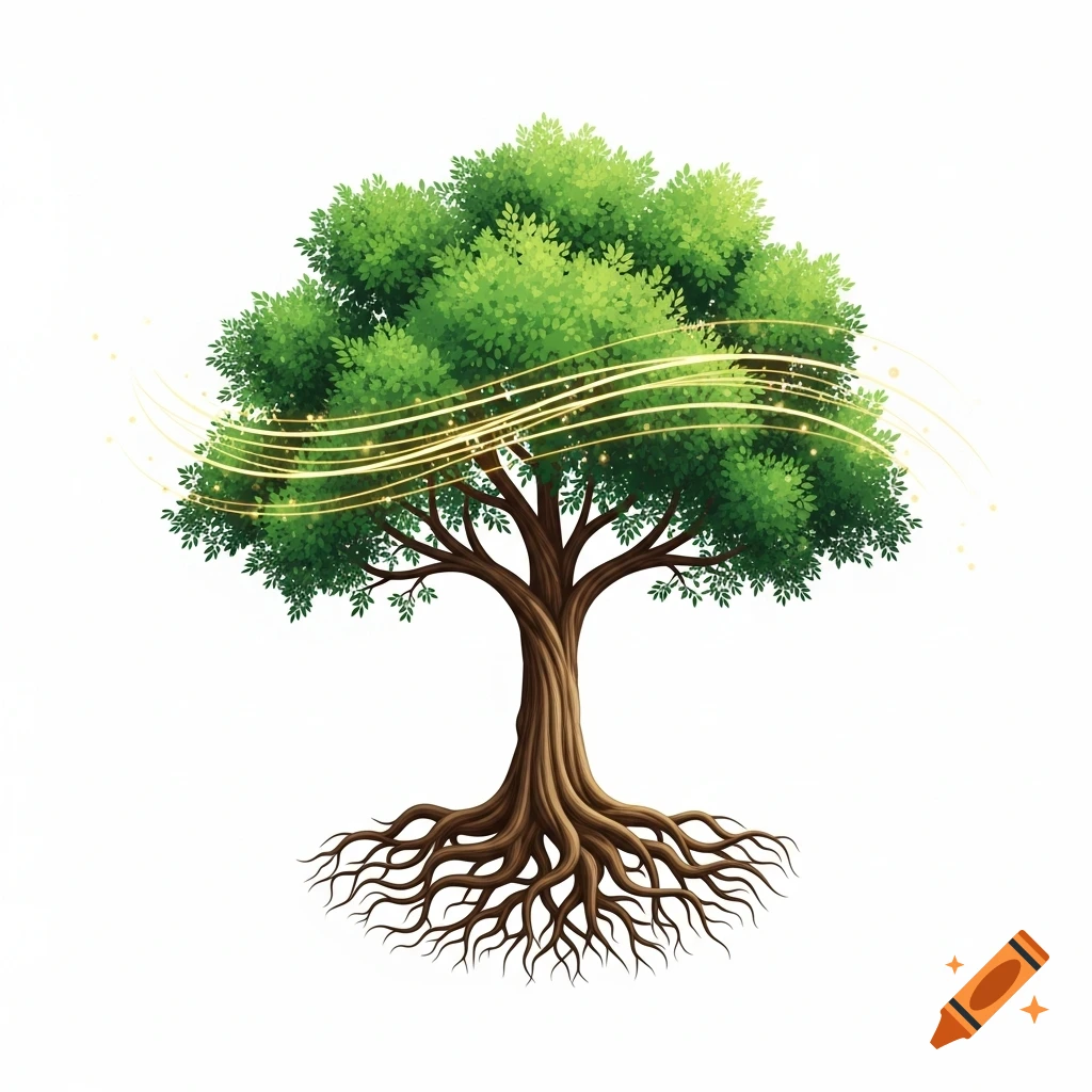 An illustration of a vibrant green tree with a sturdy trunk and exposed roots, encircled by golden swirling lines and sparkles, on a white background.
