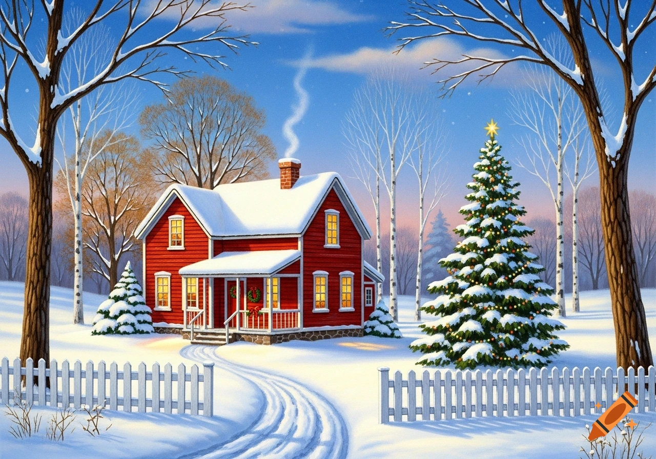 Folk art illustration of a red winter cottage with a snow-covered roof, a decorated Christmas tree, and a winding path through snow.