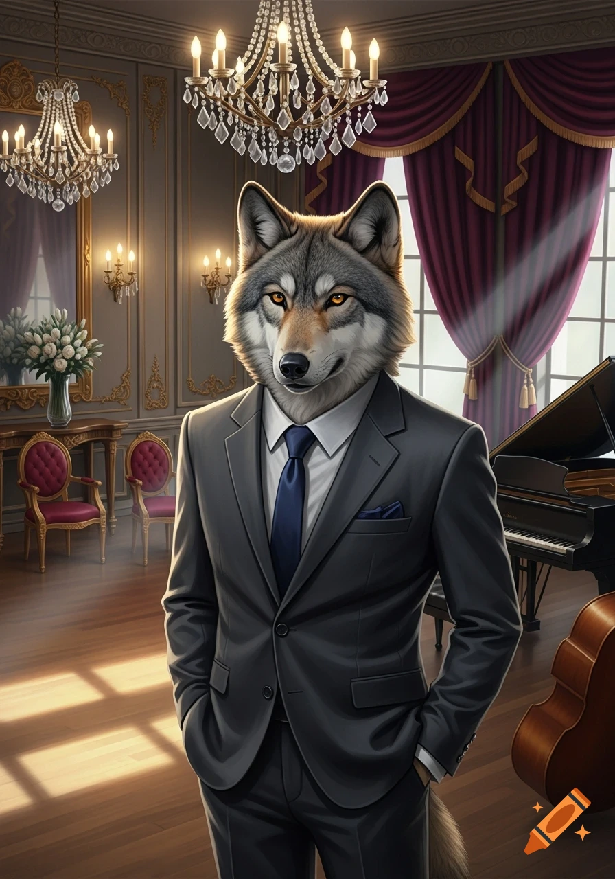 A photorealistic wolf in a dark suit and blue tie stands in an elegant room with chandeliers, a grand piano, and red chairs.
