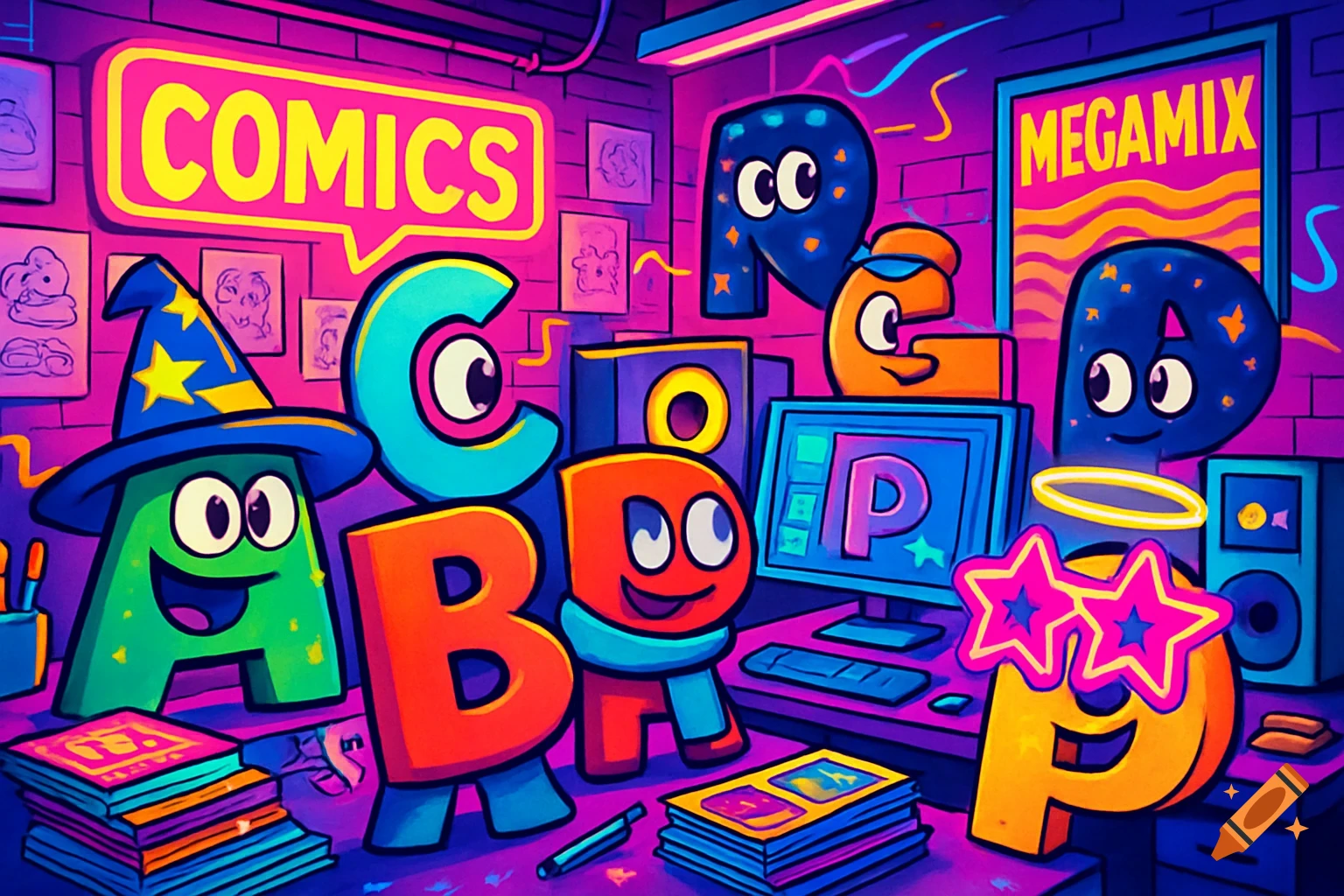 Vibrant cartoon illustration of anthropomorphic alphabet letters in a neon-lit comic studio.