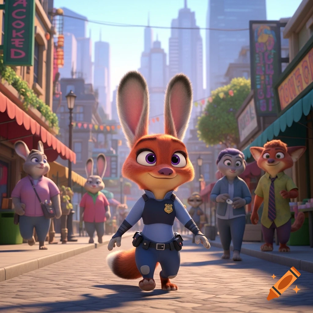 An anthropomorphic fox-rabbit character in a police uniform walks down a city street with other animal characters in the background.