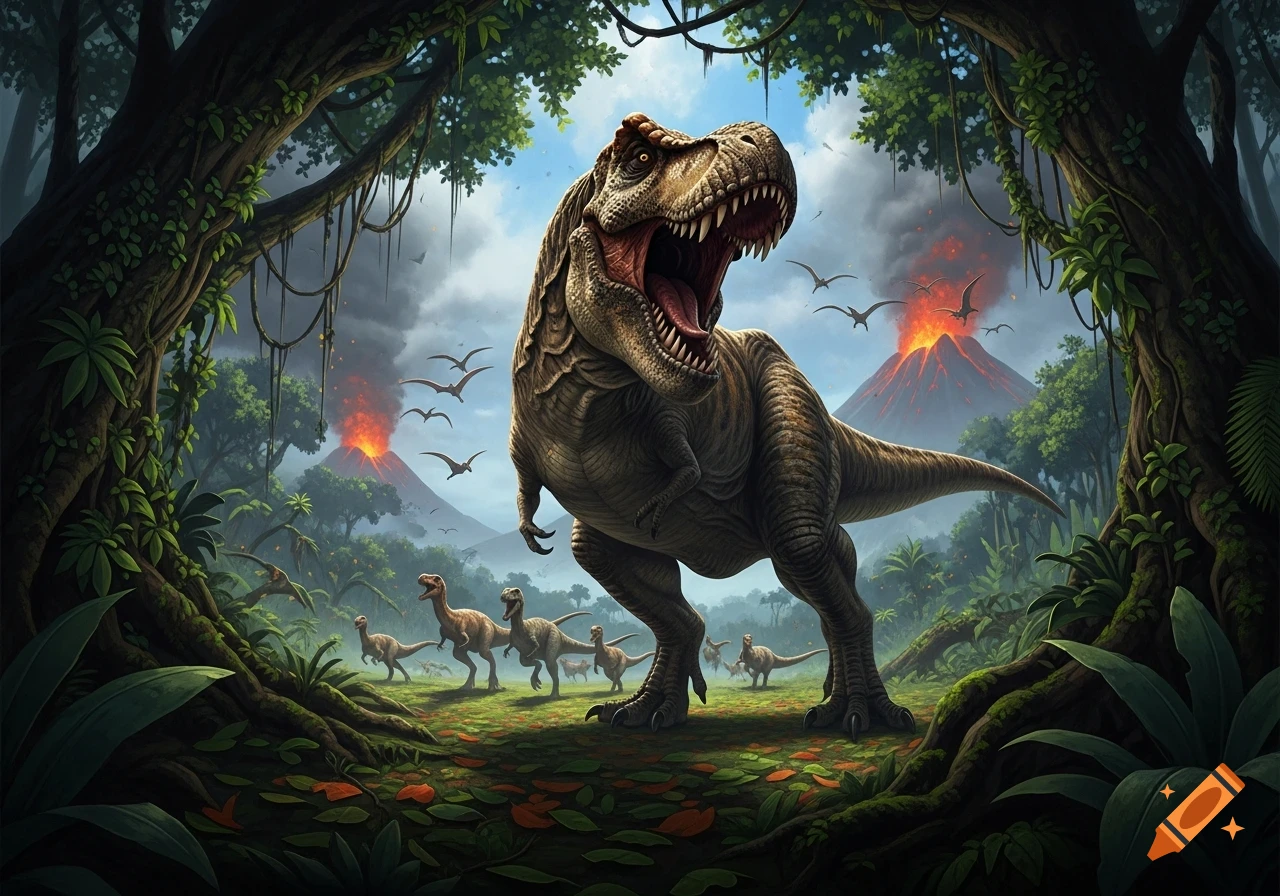 A massive T-Rex roars in a vibrant prehistoric jungle with erupting volcanoes, flying pterodactyls, and other dinosaurs.