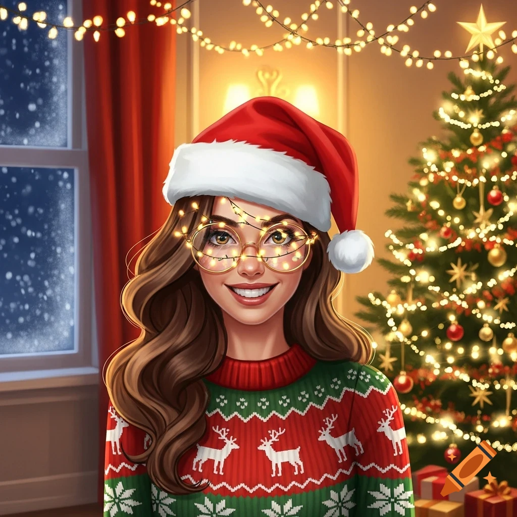 A smiling woman with wavy brown hair, wearing a Santa hat, Christmas sweater, and glasses with string lights, in a festive room with a Christmas tree.