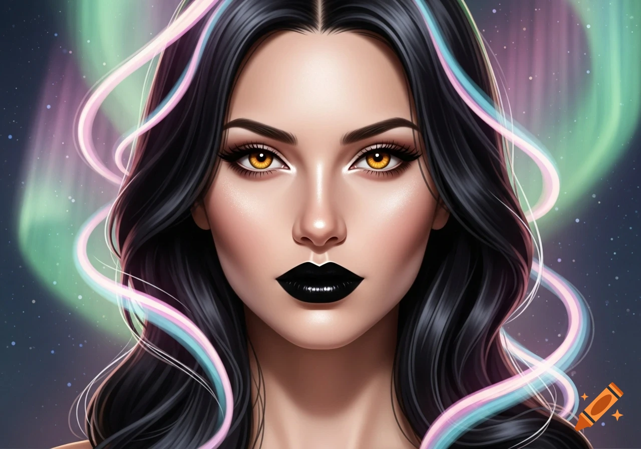 A striking digital art portrait of a woman with golden eyes, black lipstick, and dark hair, with glowing pink and blue lines against a starry, aurora background.