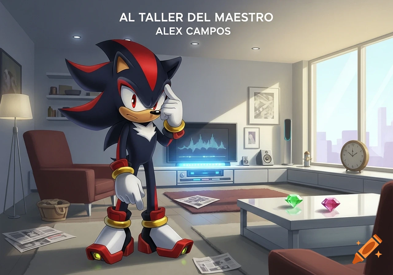 Shadow the Hedgehog, in a cartoon style, stands thoughtfully in a modern living room with text 'AL TALLER DEL MAESTRO ALEX CAMPOS' above him.