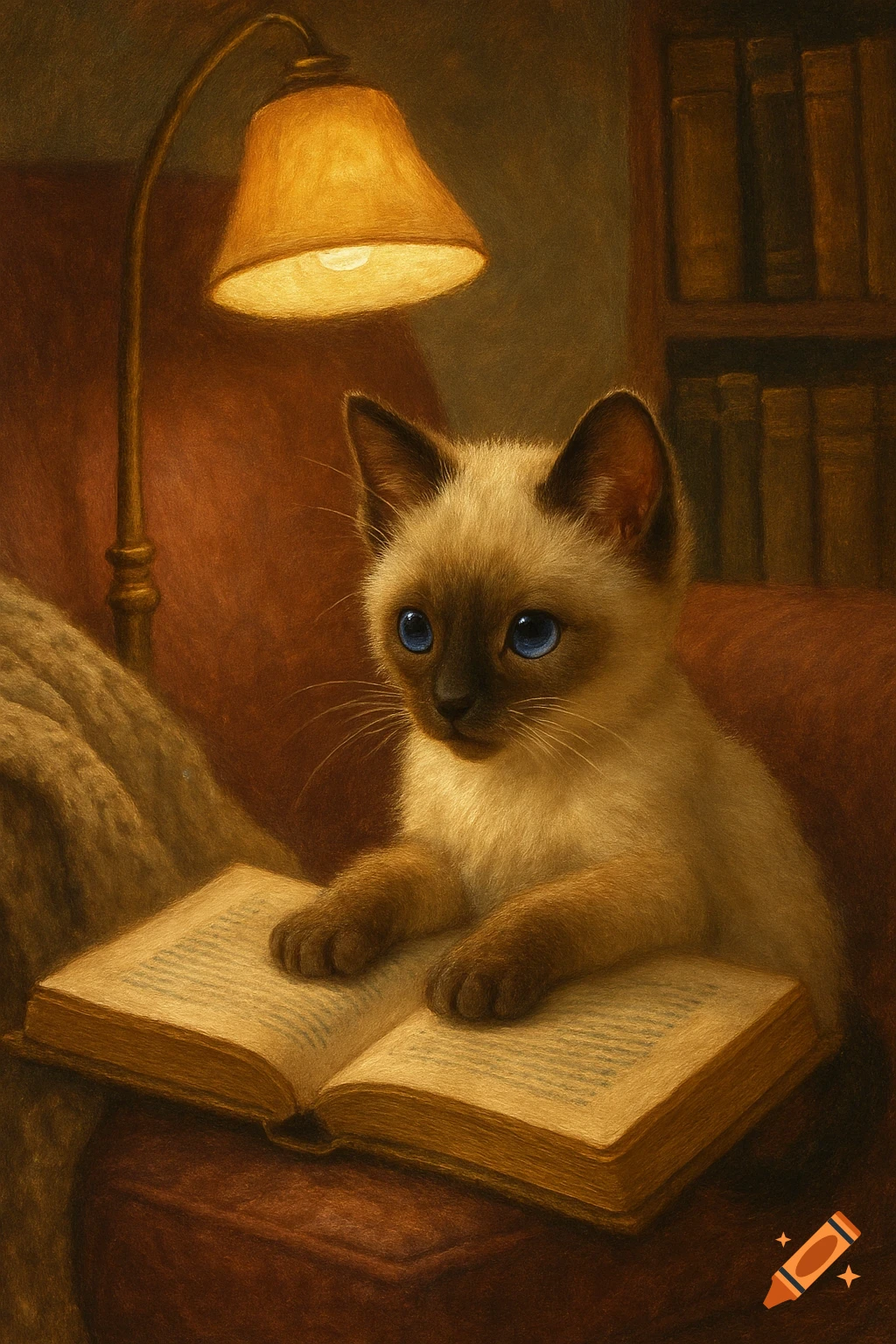 Painting of a Siamese kitten with blue eyes reading a book under a lamp, in a cozy setting.