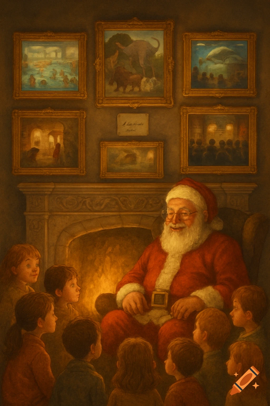Santa Claus sits in a chair by a fireplace, smiling as he tells stories to a group of attentive children gathered around him. Ornate paintings hang on the wall above the mantel.