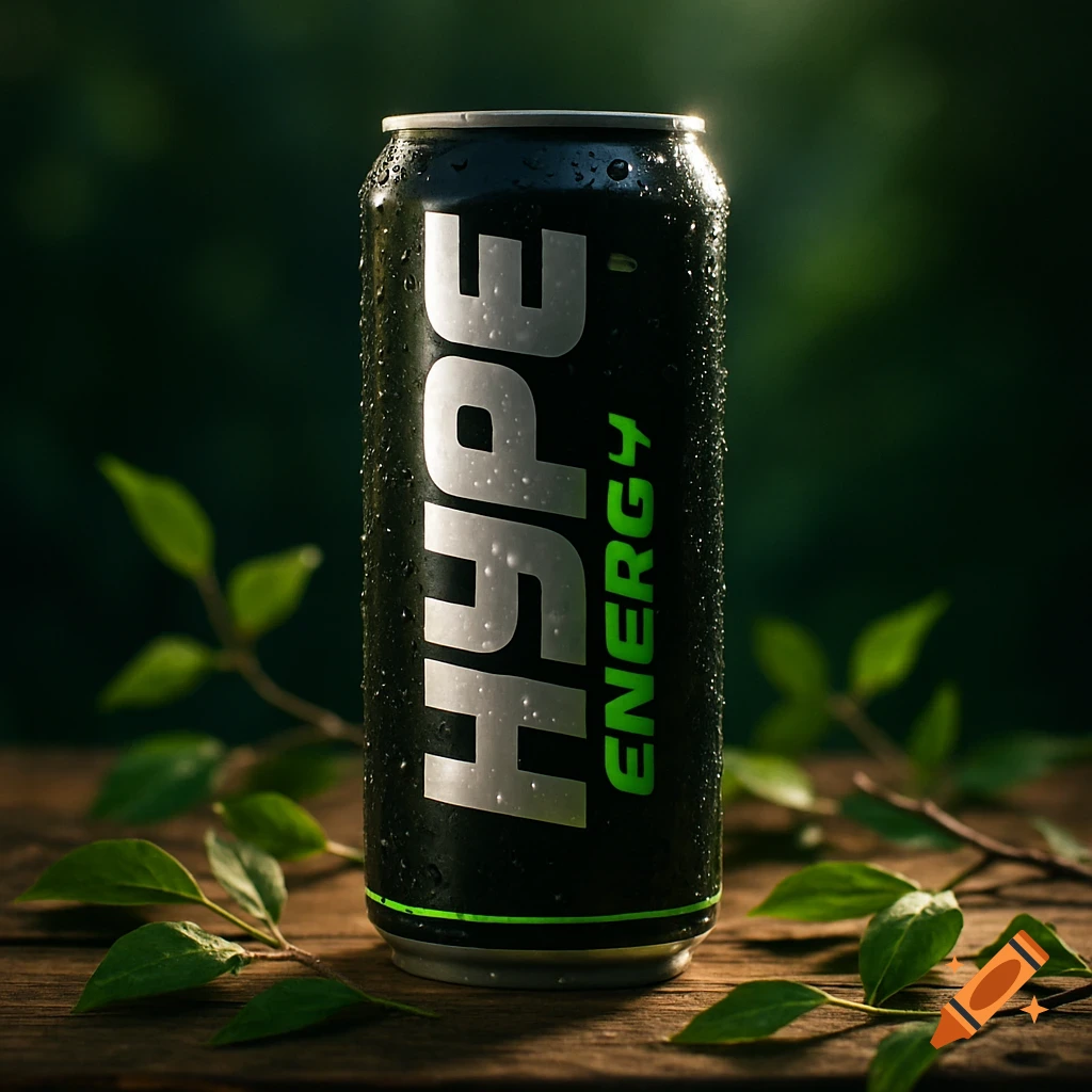 A black Hype Energy drink can with water droplets on a wooden table, surrounded by green leaves, with cinematic lighting and a blurred background.