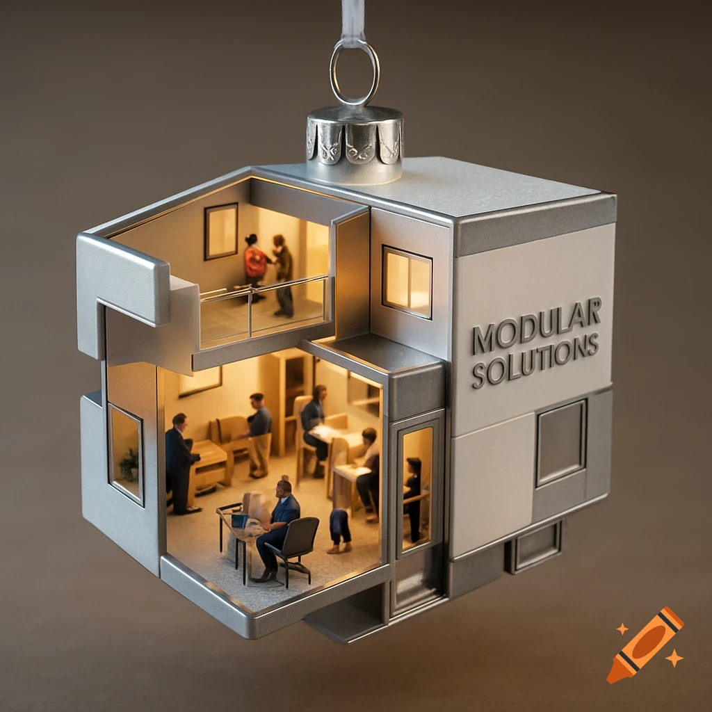 A detailed miniature modular building, designed as a Christmas ornament, hangs by a silver loop. Cutaways reveal office workers and furniture inside, illuminated by warm lights. The side reads "MODULAR SOLUTIONS".