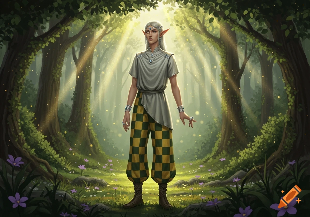 A fantasy digital painting of an elf with silver hair, a grey tunic, and green and yellow checkerboard trousers, standing amidst sunbeams in a forest.
