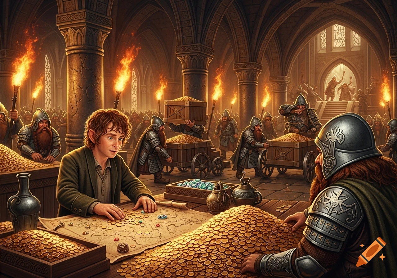Bilbo Baggins and dwarves sort and move massive piles of gold coins in a grand, torch-lit stone hall.