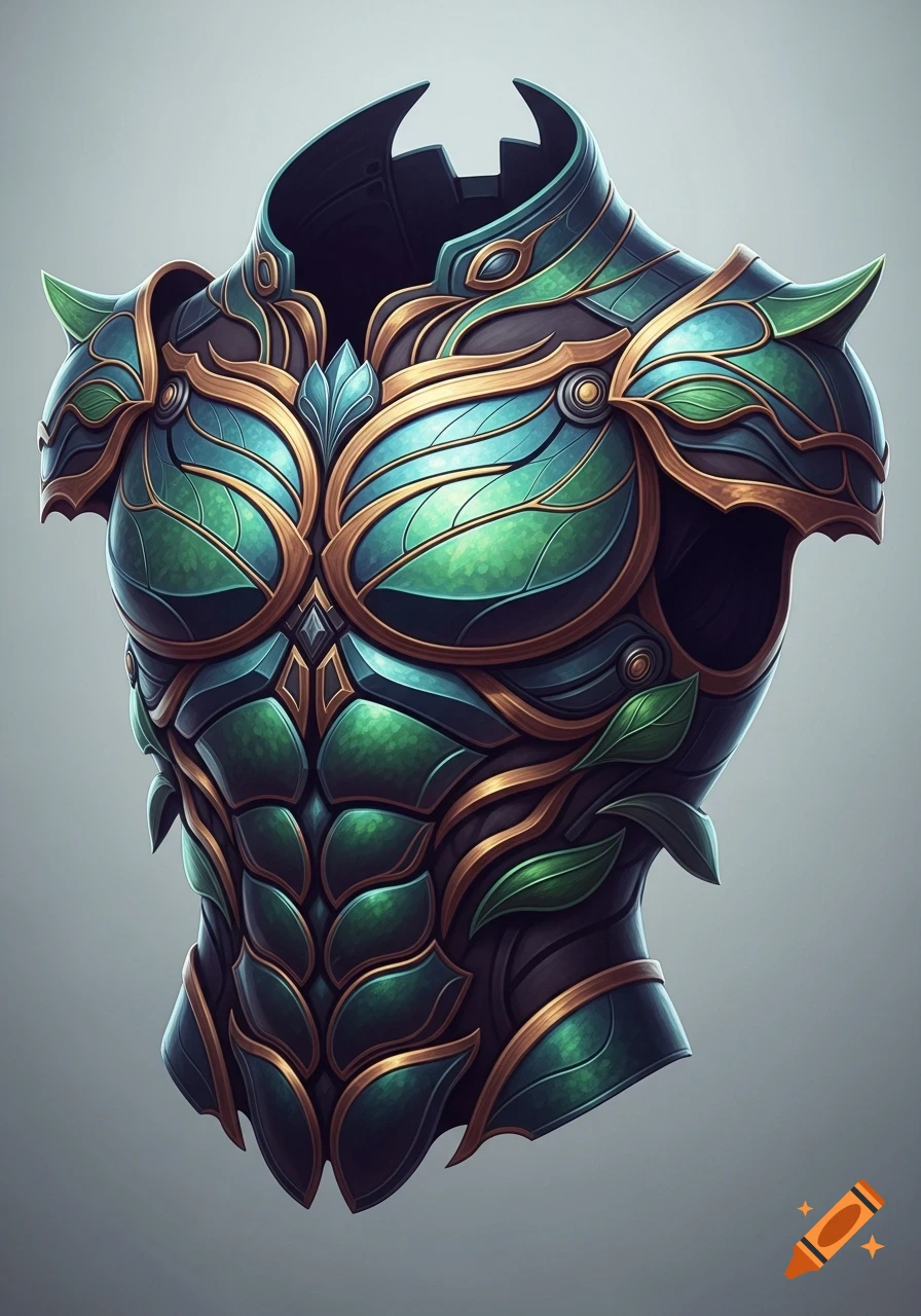 Ornate fantasy armor breastplate with green, blue, and gold insect exoskeleton design.
