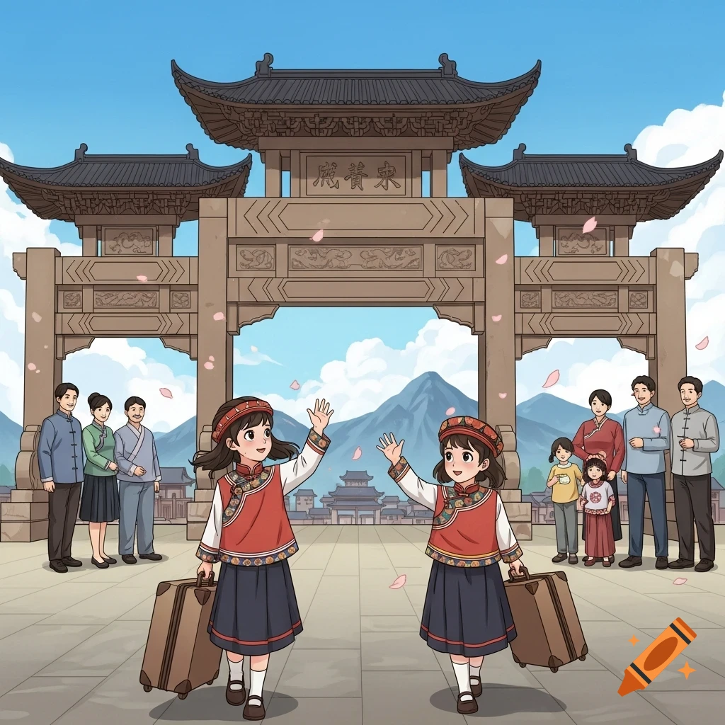 Two illustrated girls wave goodbye with luggage in front of a large, ancient Chinese city gate, with family and mountains in the background.