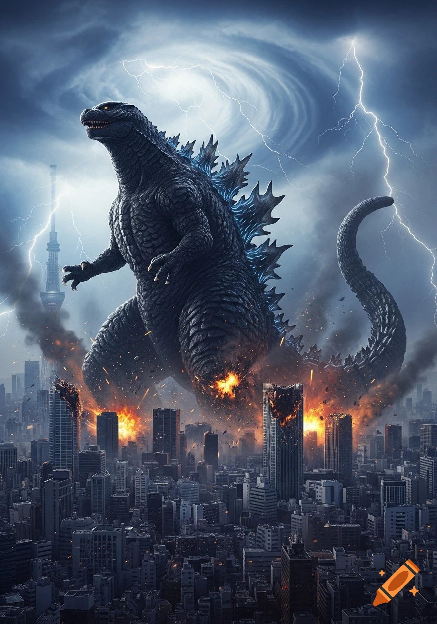 A massive, dark Godzilla with glowing blue spines stands amidst a burning city under a stormy, lightning-filled sky, depicted photorealistically.