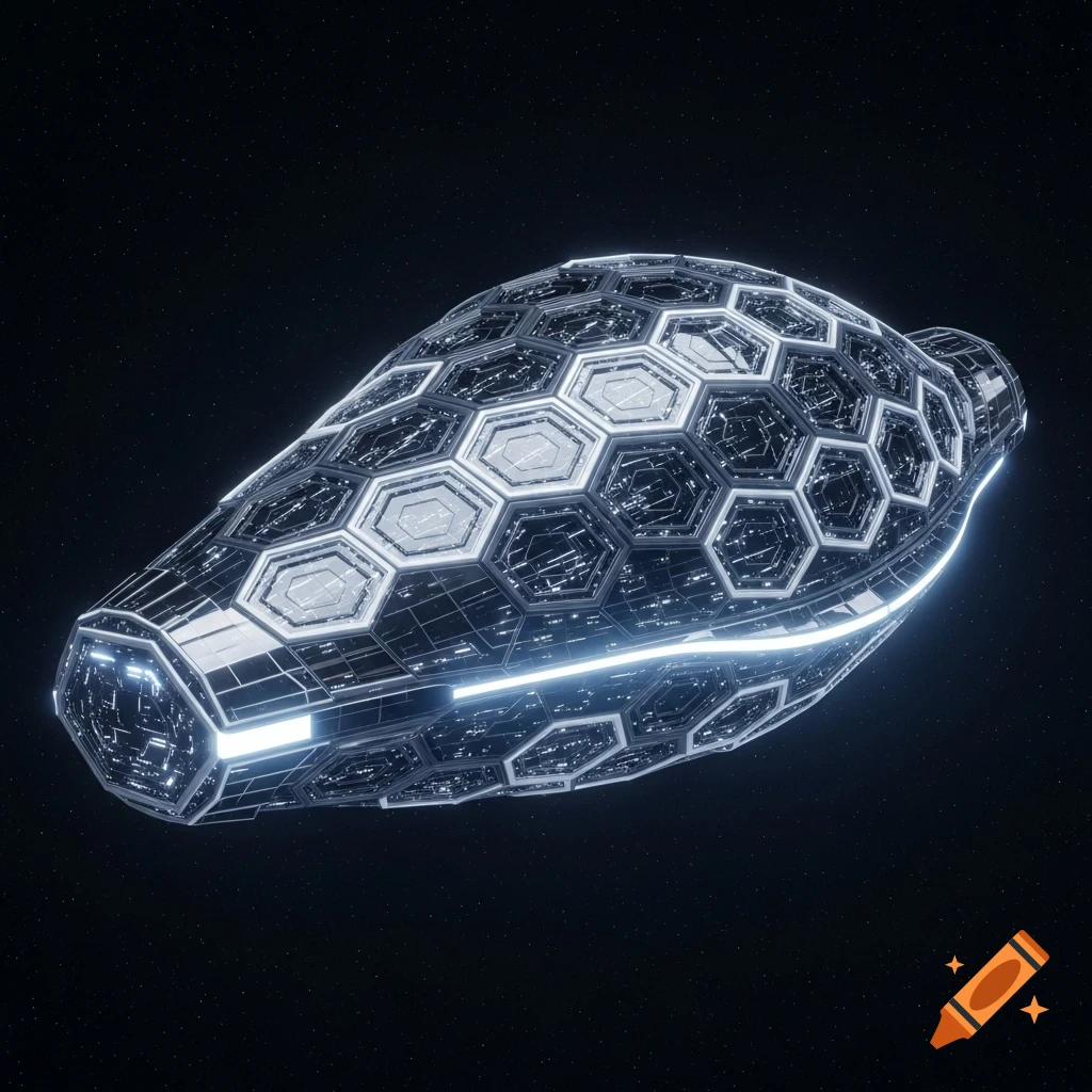 A futuristic spaceship with a hexagonal surface pattern and glowing blue lines, set against a dark, starry space background.