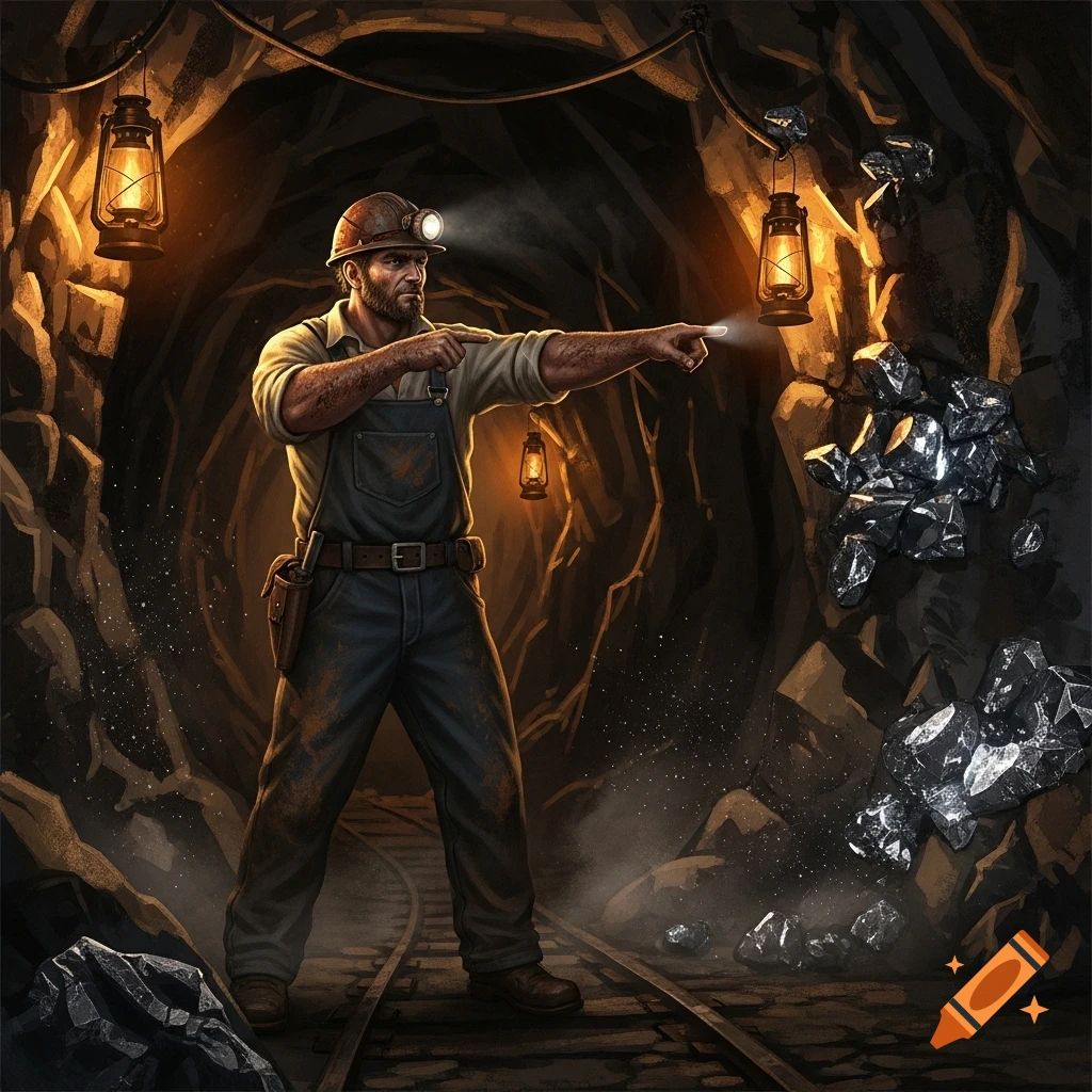 A bearded miner in a hard hat and overalls points into a dark, glowing mine tunnel with coal and tracks.