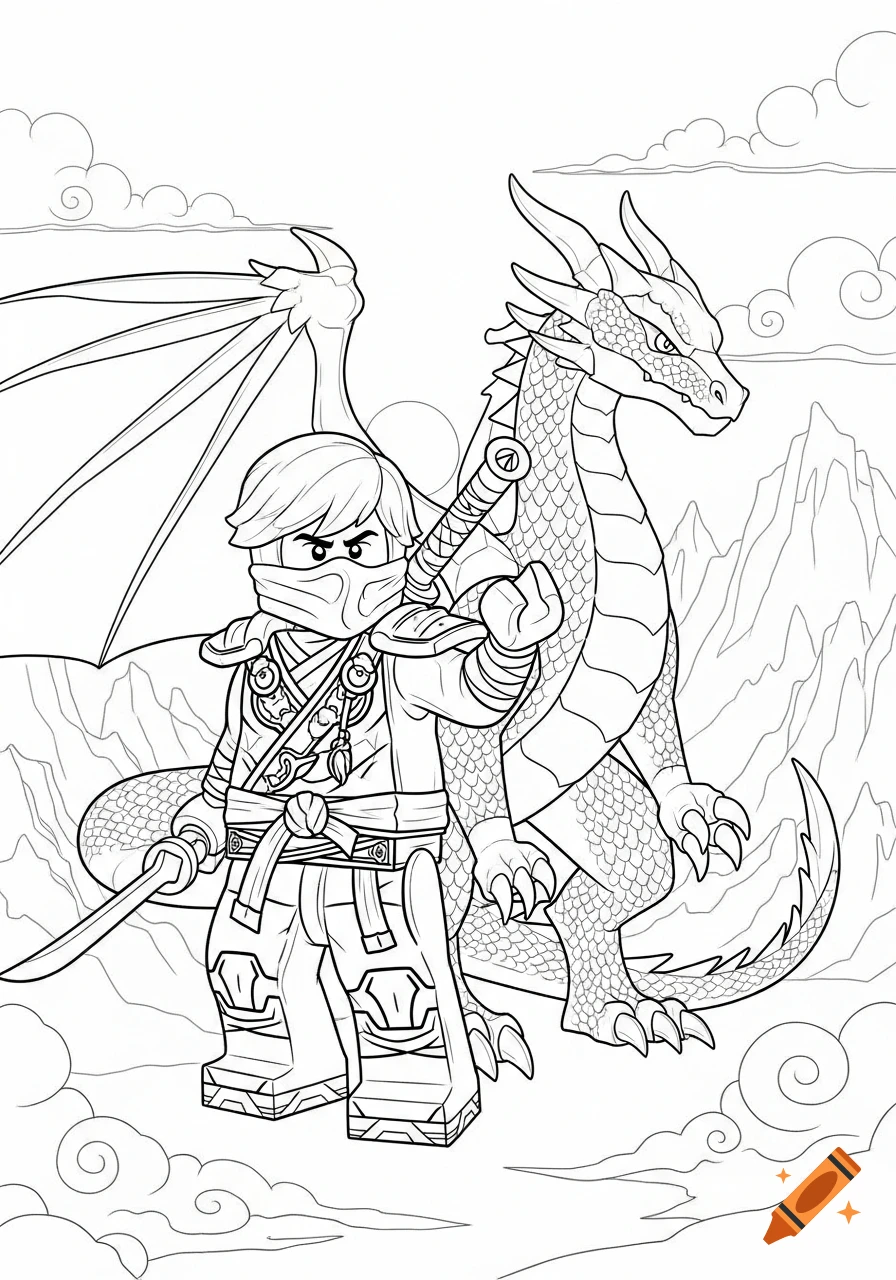 Black and white coloring page of Lego Ninjago's Lloyd the ninja and Riyu the dragon standing side-by-side with mountains and clouds in the background.