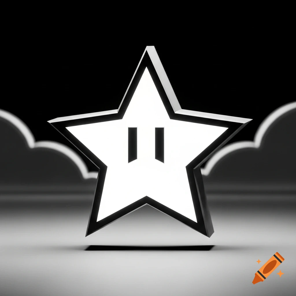 A 3D rendered black and white star, reminiscent of a Mario star, with two vertical bars, against a dark background with stylized clouds.