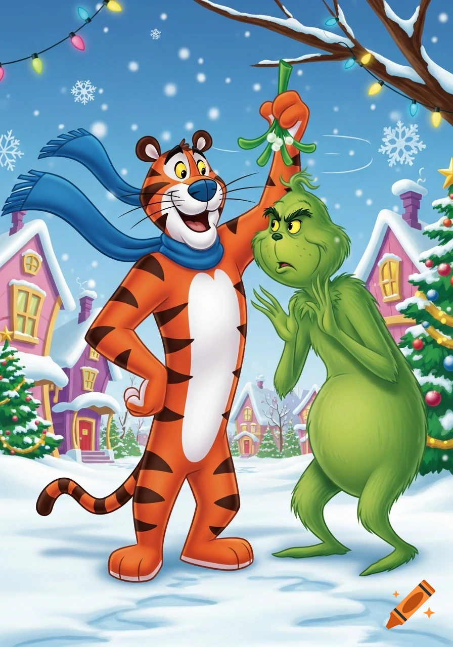 Tony the Tiger holds mistletoe over a grumpy Grinch in a snowy Christmas village, cartoon illustration.