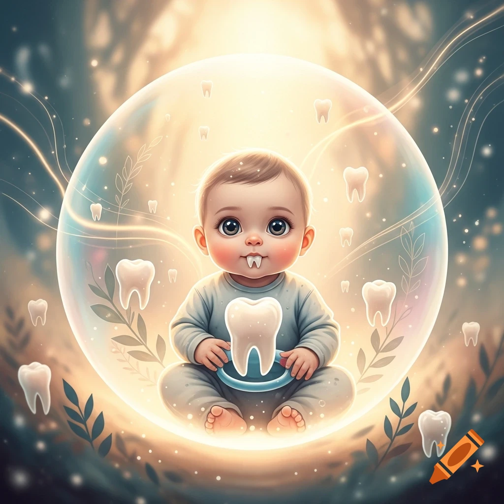 A cute baby with prominent fangs sits inside a glowing bubble, surrounded by floating teeth in a whimsical, magical setting.