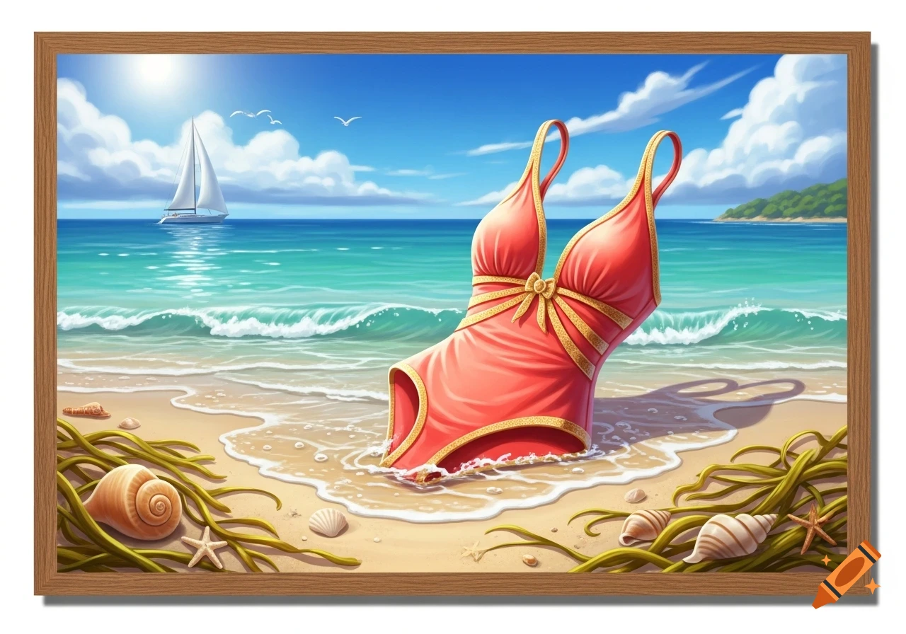 Illustrative scene of a vibrant red one-piece swimsuit standing in shallow ocean water on a sunny beach with shells and seaweed.