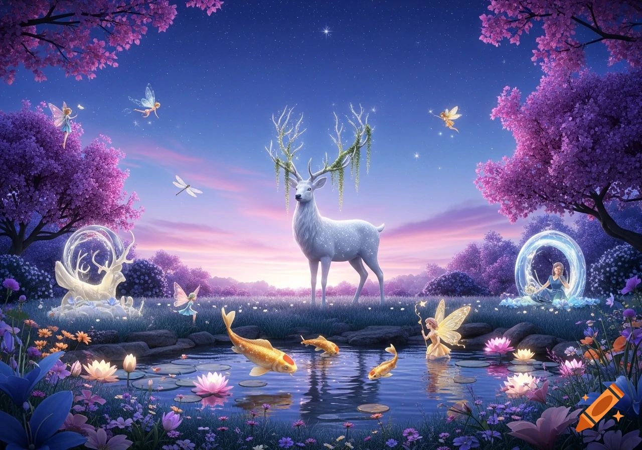 A magical fantasy landscape with a white glowing deer, fairies, koi fish in a pond, and pink flowering trees under a starry twilight sky.
