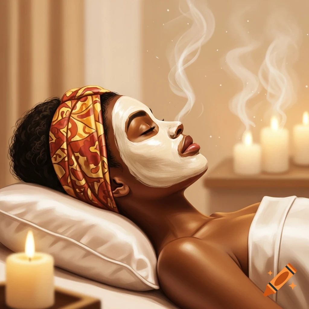 A serene Black woman with a white face mask on, relaxing in a spa setting with candles and steam.