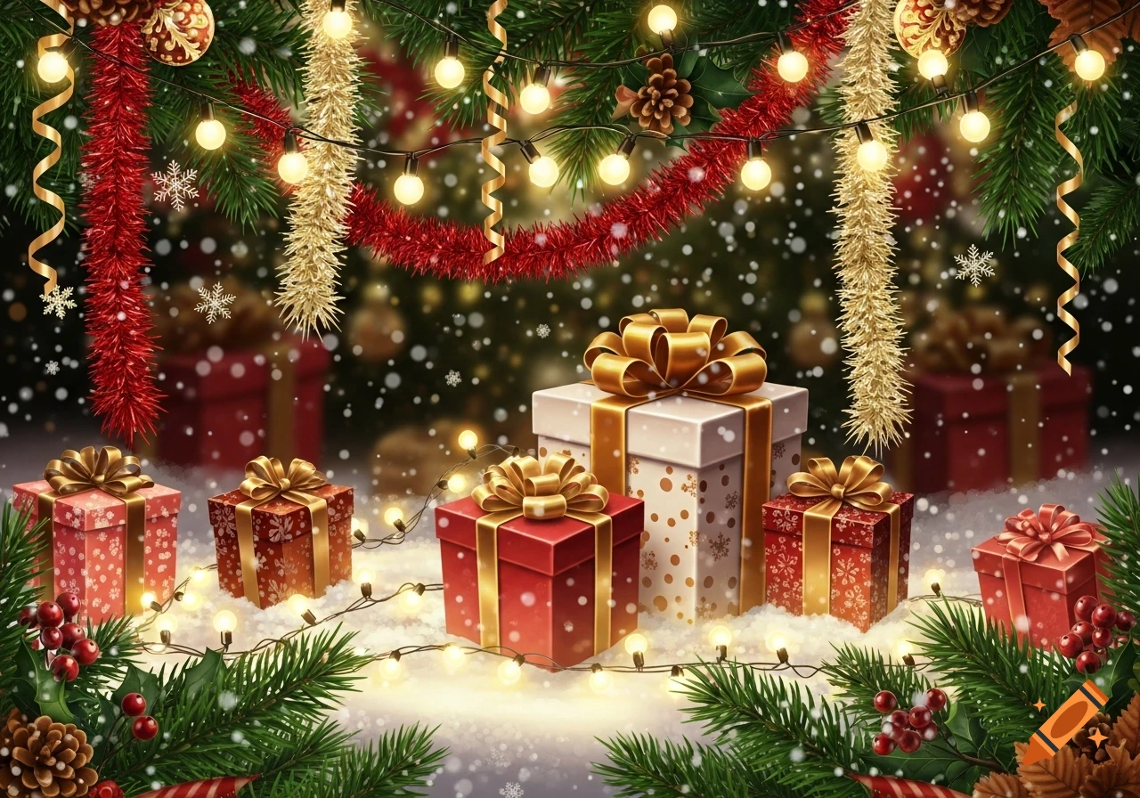 Festive Christmas scene with wrapped gifts on a snowy ground, surrounded by pine branches, holly, twinkling lights, and hanging red and gold tinsel.