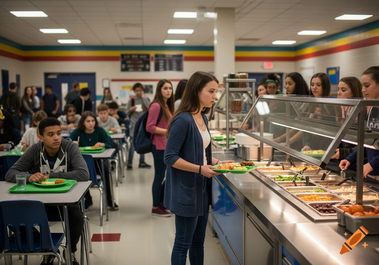 Students queue for food in a brightly lit school cafeteria, with some seated at tables.
