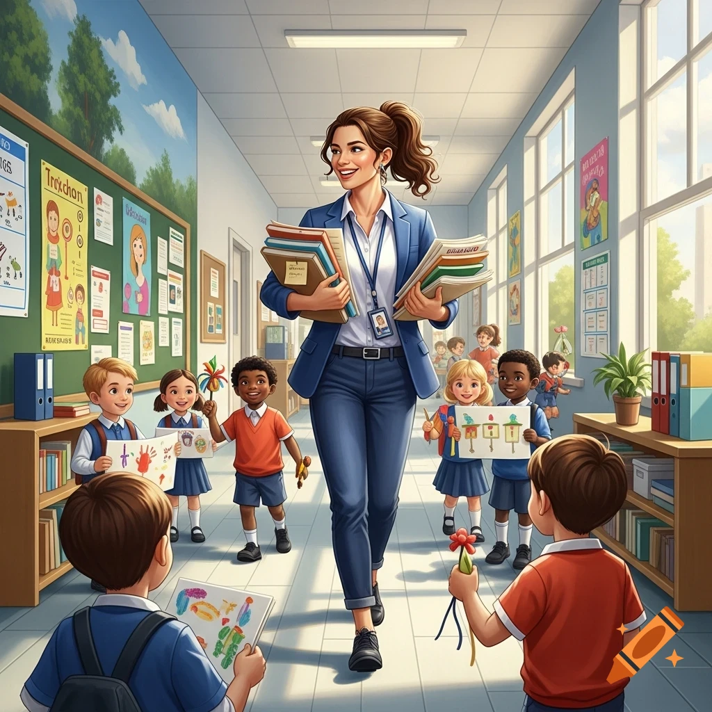 A smiling teacher walks down a bright school hallway, carrying books, while diverse children hold up their artwork.