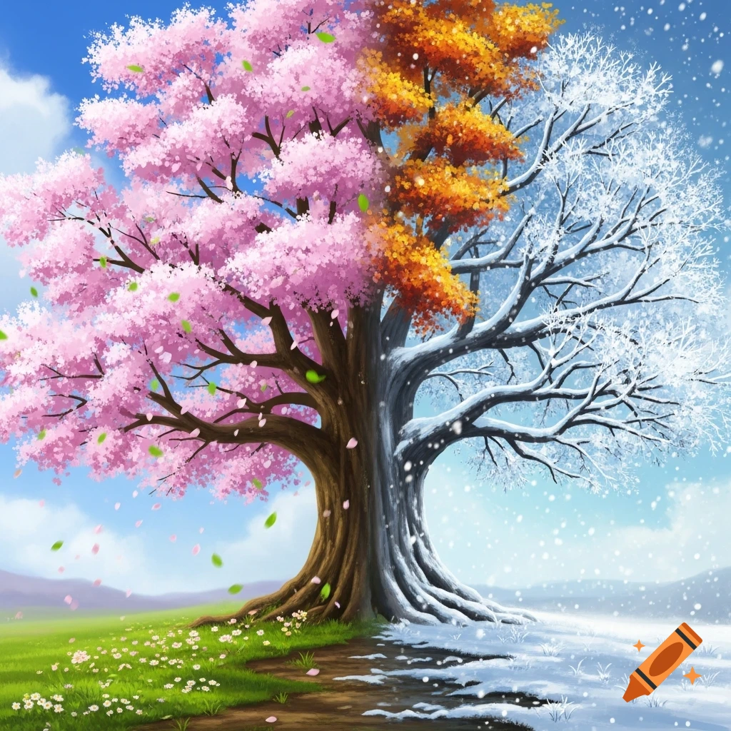 A single tree beautifully split into four seasons: spring blossoms, summer greenery, autumn leaves, and winter snow.