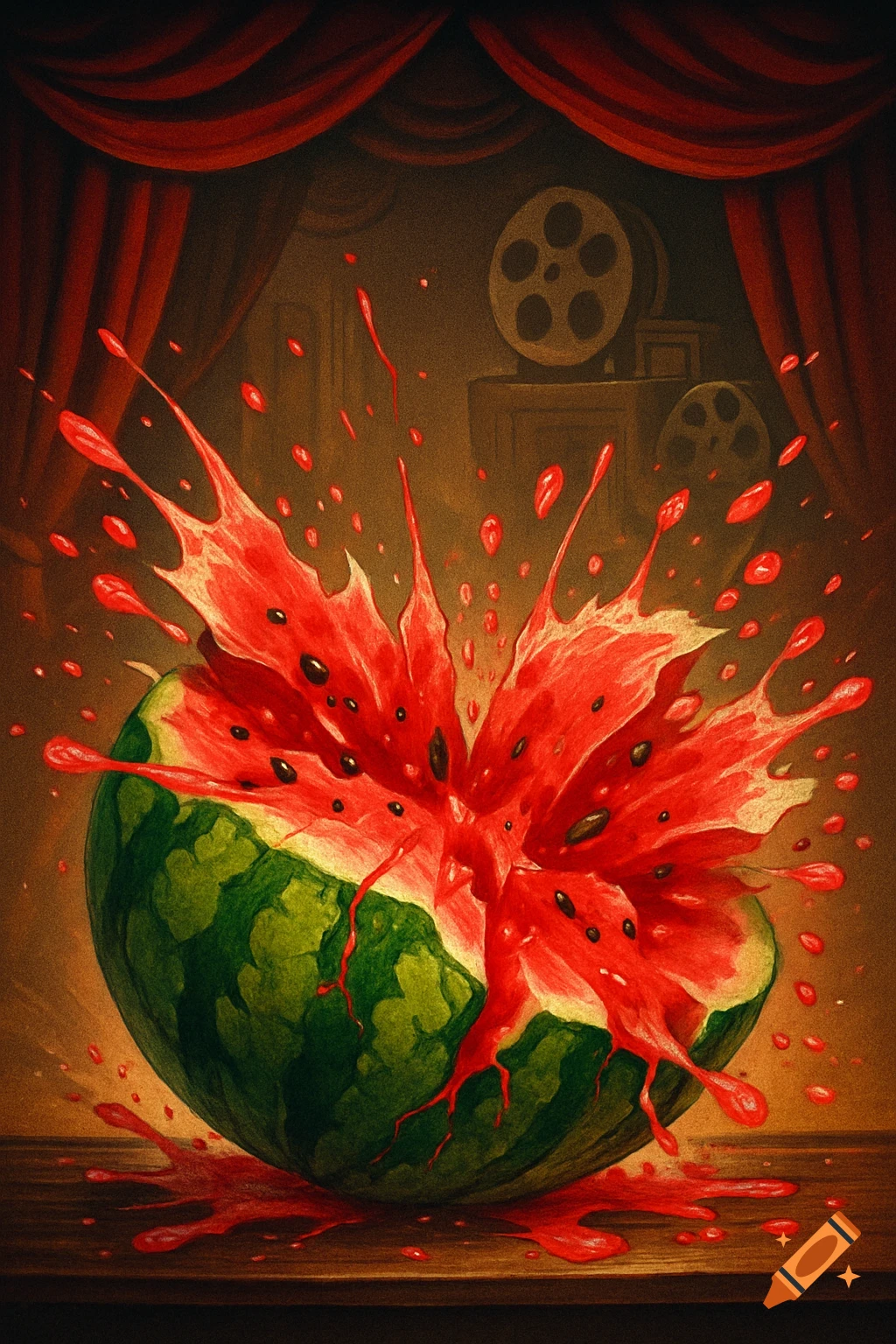 A vibrant painting of an exploding watermelon with red pulp and seeds splashing, set against a dark cinema backdrop.