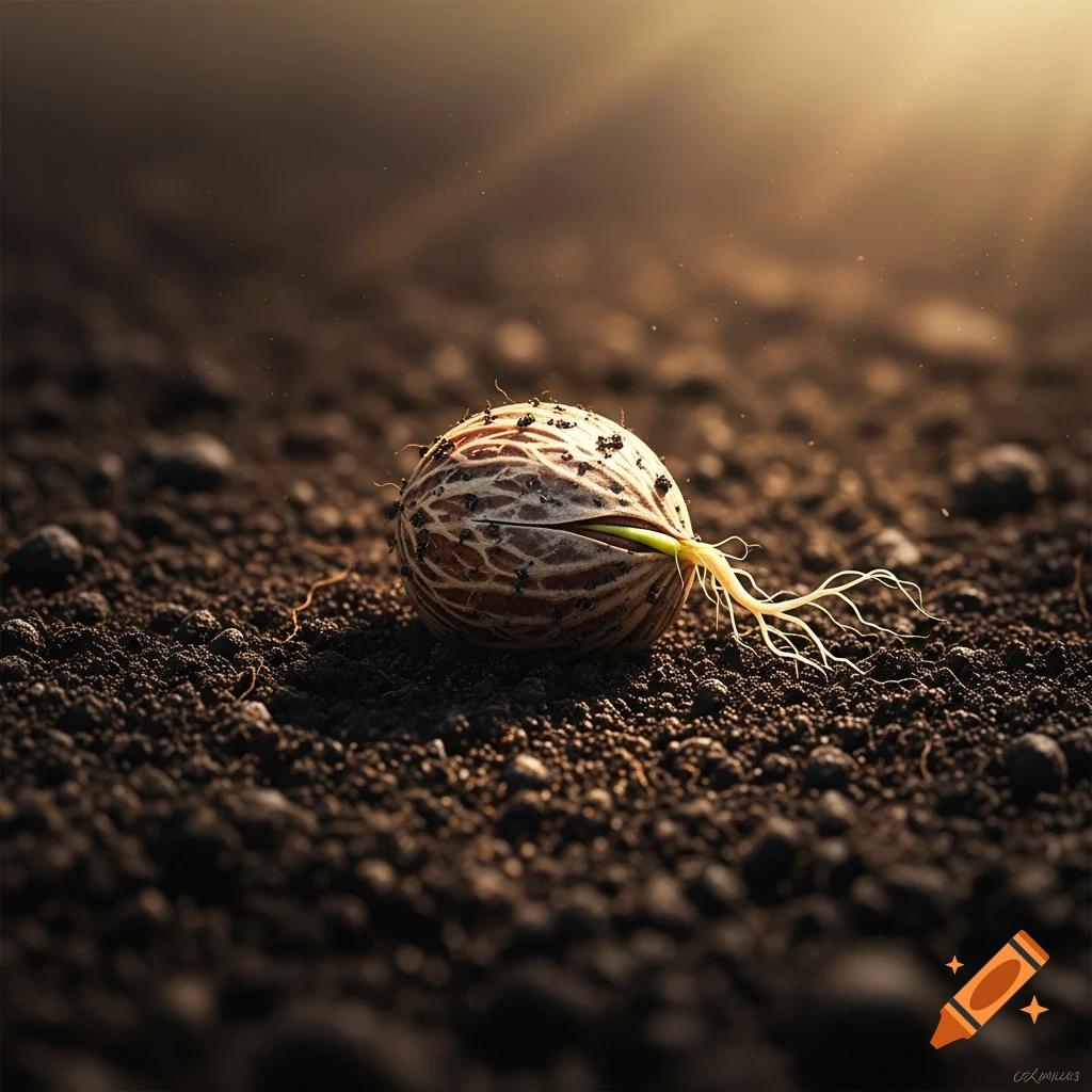 A single seed with a green sprout and white roots emerging, lying on dark, rich soil under warm sunlight.