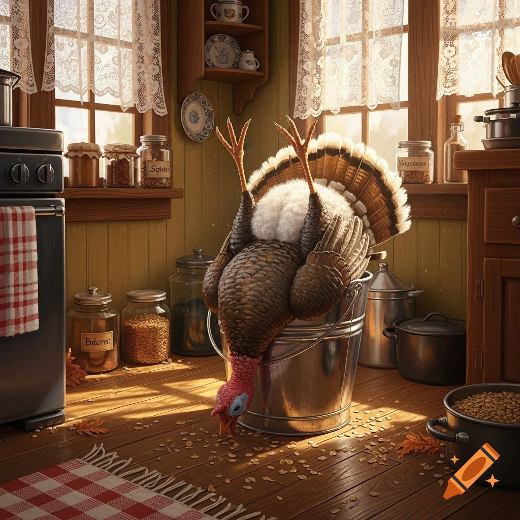 An upside-down turkey with its feathered rear and legs sticking up from a metal bucket on a wooden kitchen floor, surrounded by spilled oats and sunlit jars.