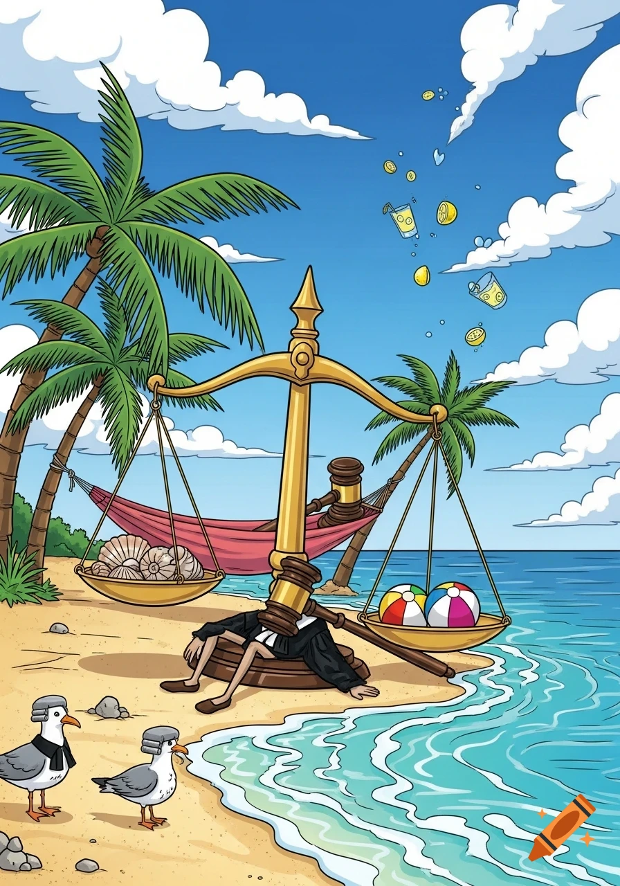 Cartoon of a judge buried by the scales of justice on a tropical beach with palm trees, a hammock, and seagulls.