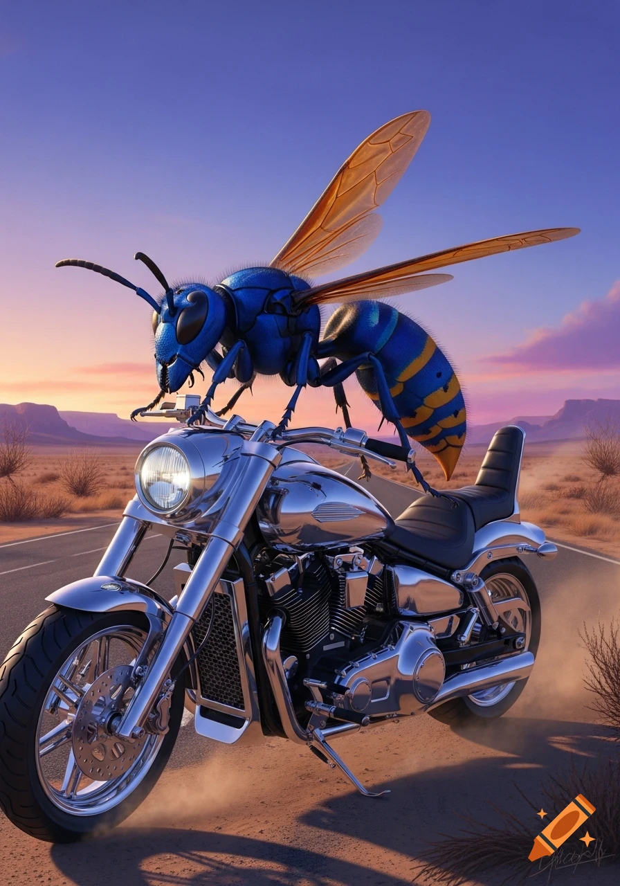 A giant blue and yellow striped wasp is perched on a shiny chrome motorcycle on a desert road at sunset.