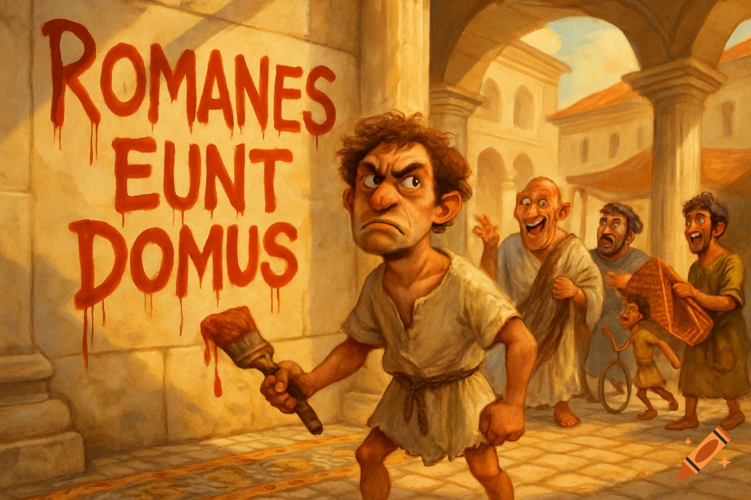 A furious Roman man holds a paint brush, having spray-painted 'ROMANES EUNT DOMUS' on a wall, while other Romans laugh at him.