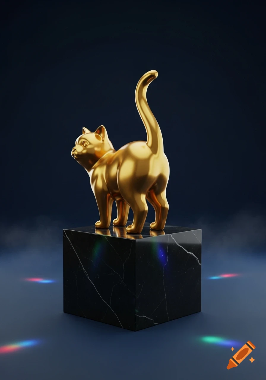 A shimmering golden cat statue stands on a black marble pedestal, illuminated by colorful light reflections.
