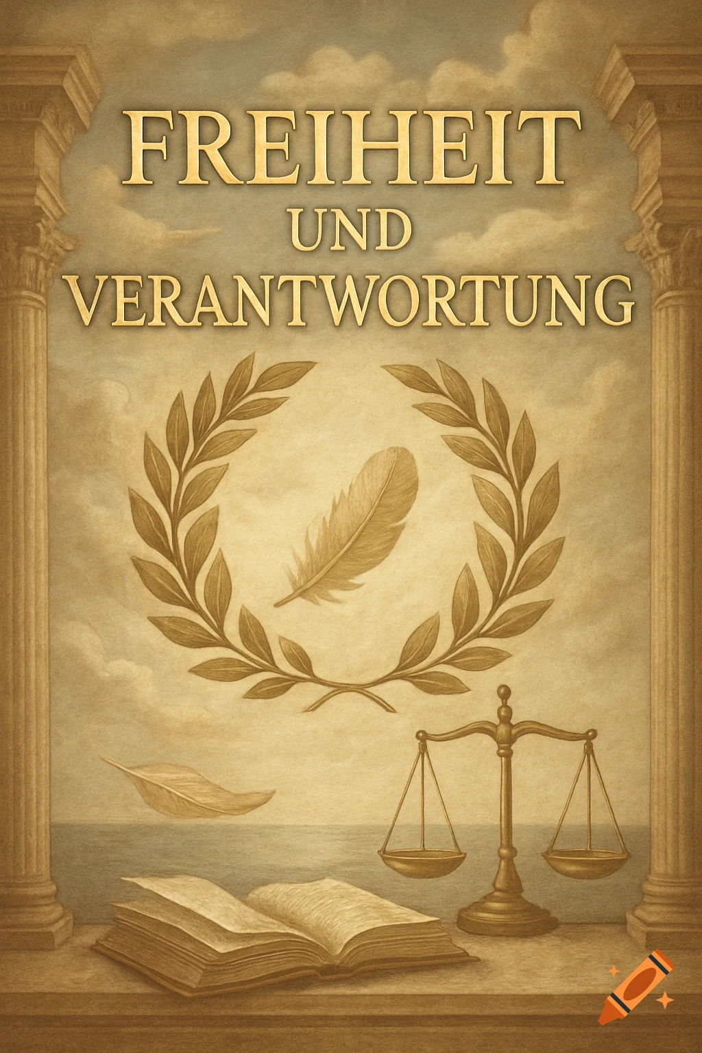 A sepia-toned classical illustration with 'Freiheit und Verantwortung' text, a laurel wreath, feather, scales, and an open book.