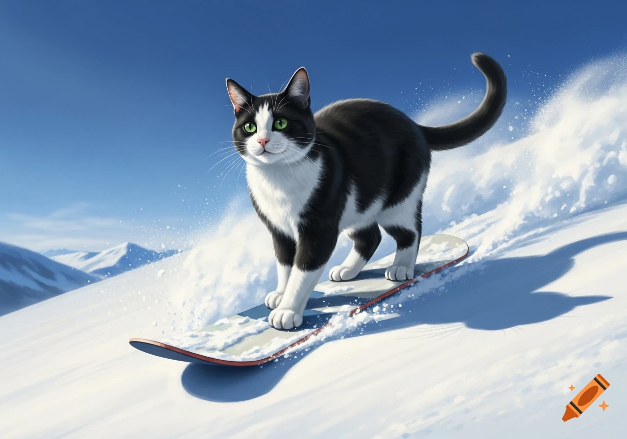 A black and white cat with green eyes snowboards down a snowy mountain on a bright winter day. Digital art.