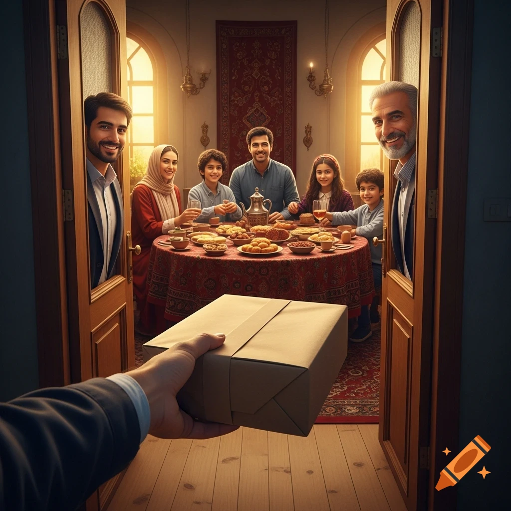 A delivery person's hand offers a package through an open doorway to a smiling Iranian family gathered around a table laden with food.