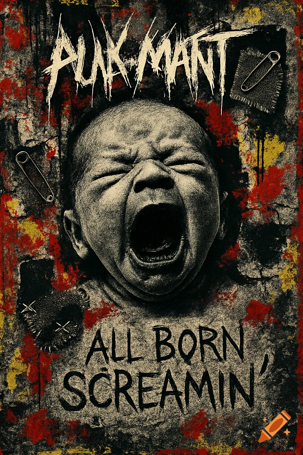 Gritty punk-grunge album cover art featuring a screaming baby in black and white, surrounded by torn textures, safety pins, paint splatters, and text "ALAK MANT" and "ALL BORN SCREAMIN'".
