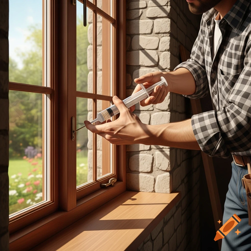 A man applies silicone sealant to a wooden window frame next to a brick wall with a garden outside, photorealistic.
