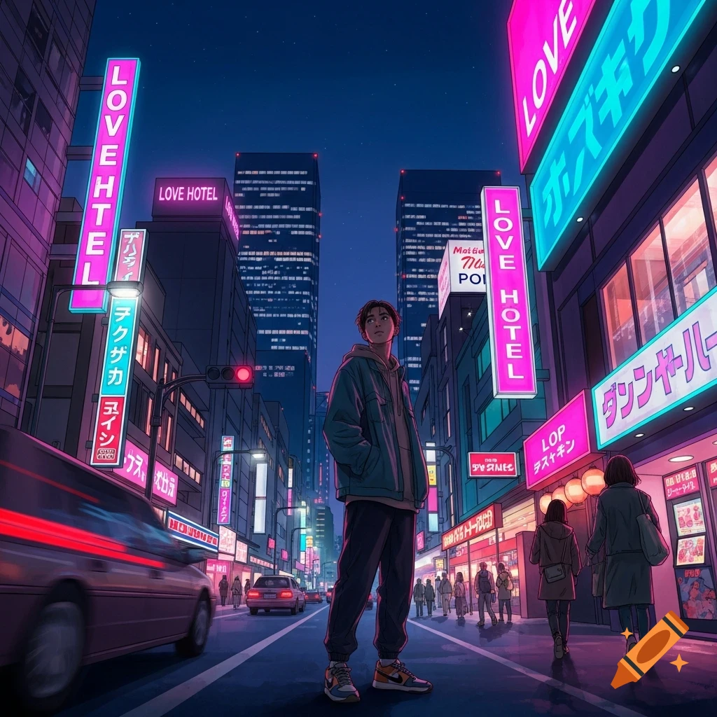 An anime-style character stands in a neon-lit Tokyo street at night, looking up, surrounded by buildings and glowing signs.