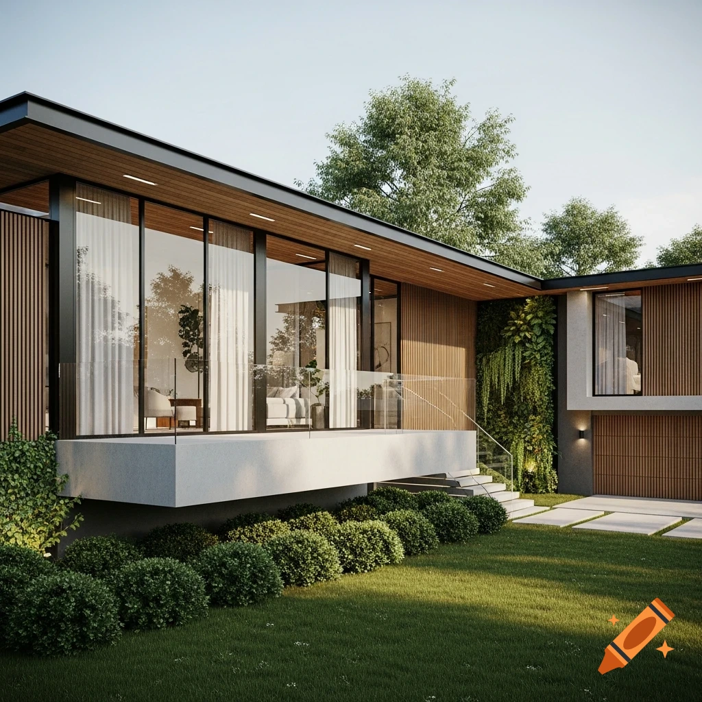 Photorealistic image of a modern house facade with large windows, wood accents, and green landscaping.