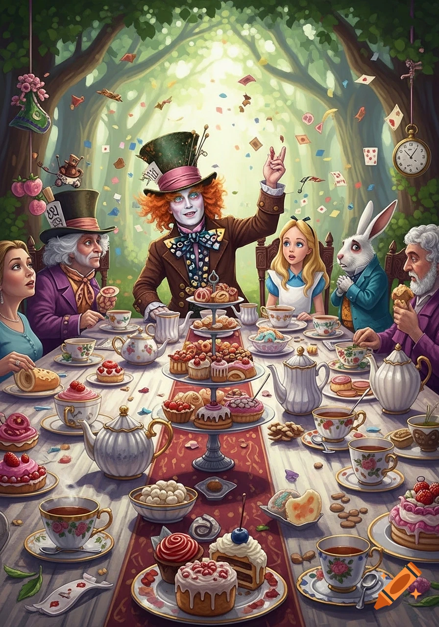 An enchanting illustration of the Mad Hatter's tea party with Alice, the White Rabbit, and other characters, surrounded by sweets and teaware in a vibrant forest setting.