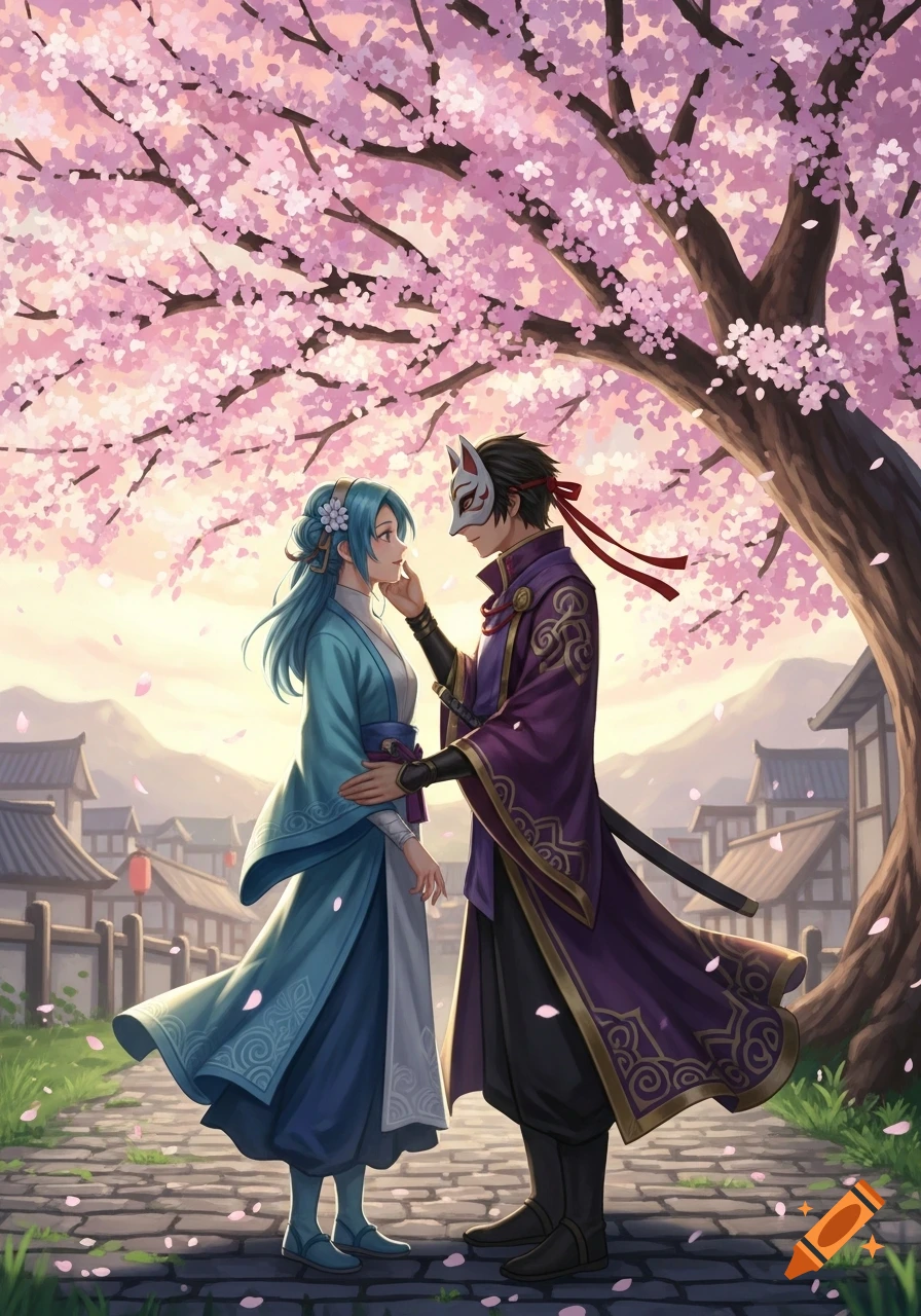 An anime couple in traditional Japanese attire stands under a vibrant cherry blossom tree, surrounded by falling petals.