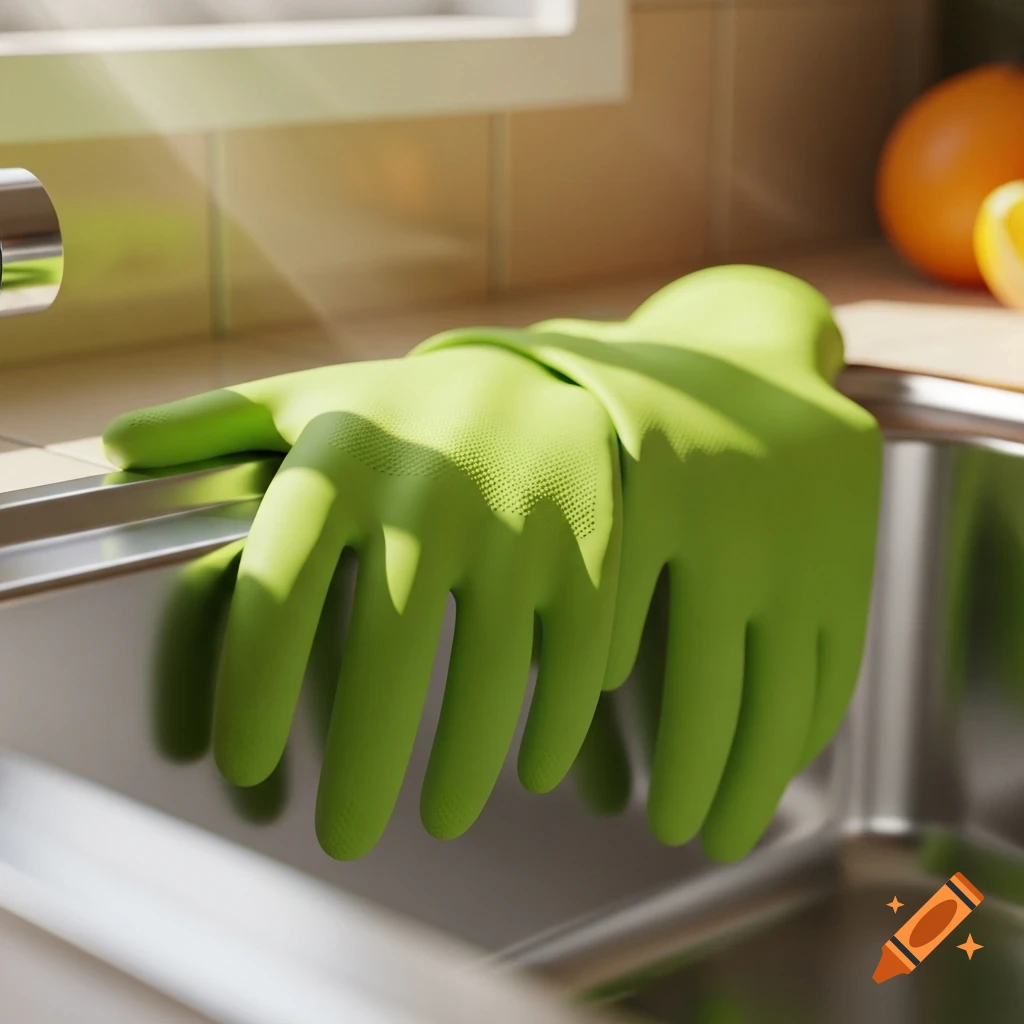 A pair of bright green rubber gloves rests on the edge of a stainless steel kitchen sink, illuminated by sunlight.