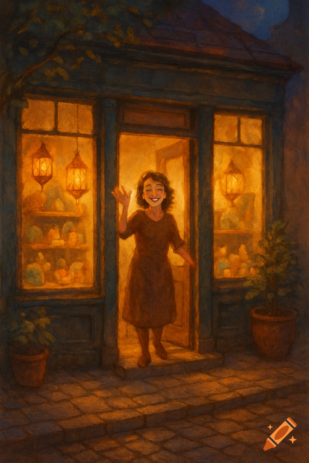 A smiling woman in a brown dress waves from the glowing doorway of a cozy shop at night, with lanterns and potted plants, in a painterly style.