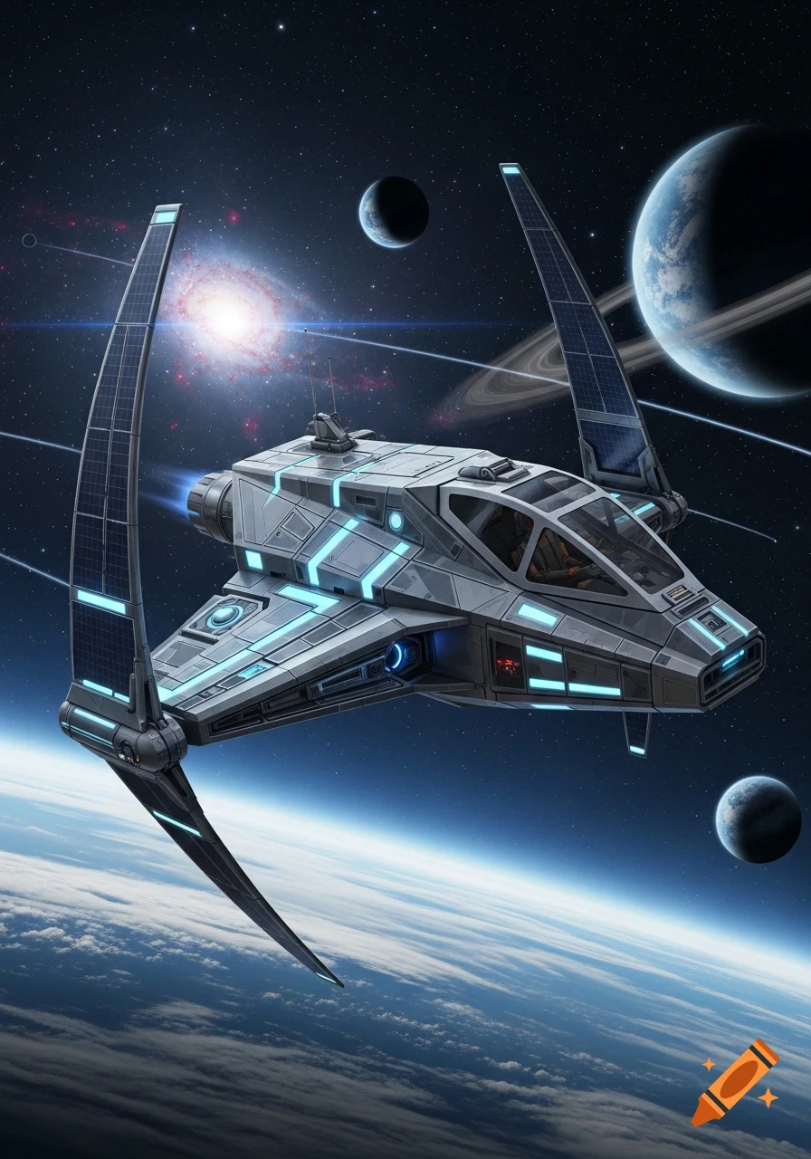 A sleek grey and blue sci-fi spaceship with large solar panel-like wings flies above a cloudy planet, with other planets and a galaxy in the starry background.